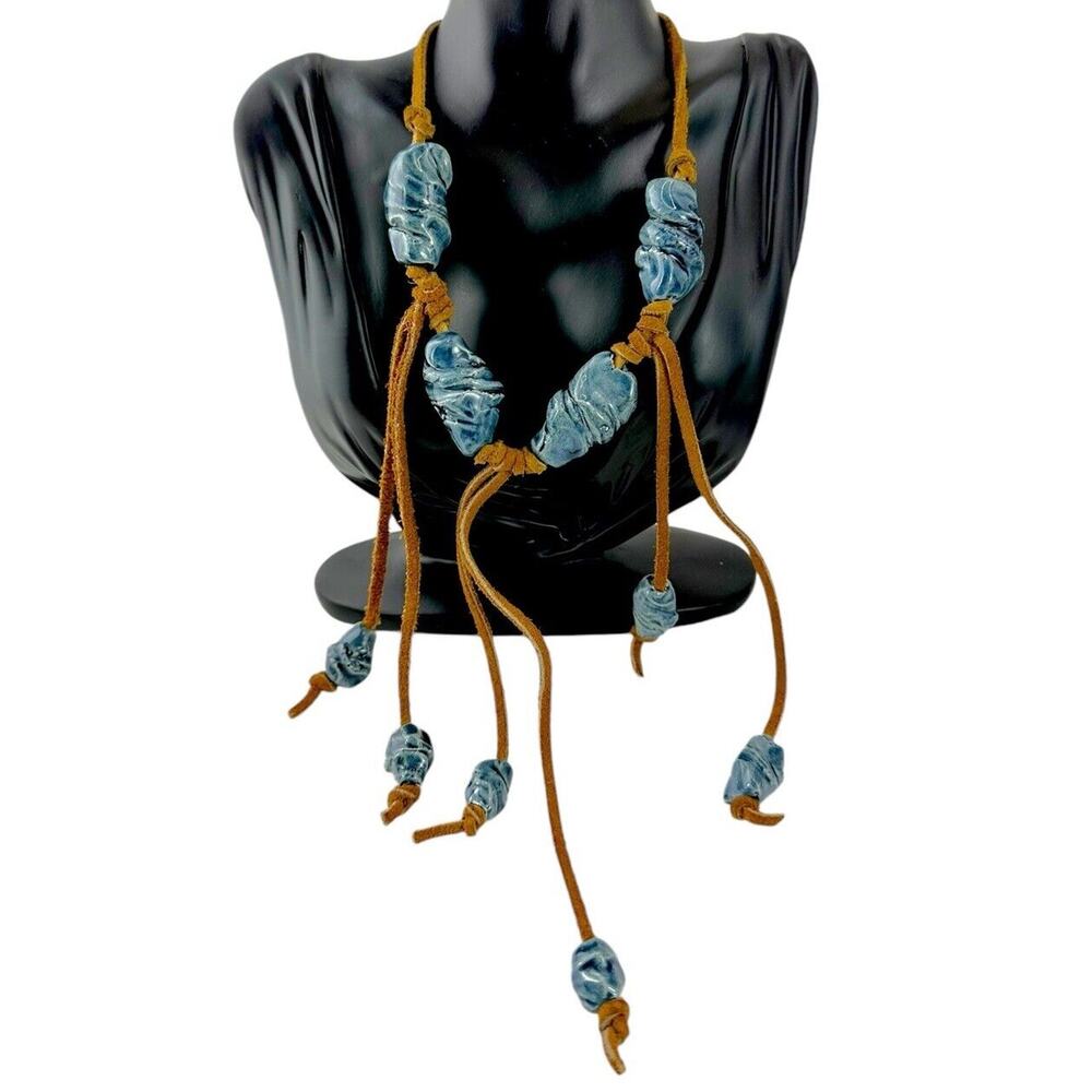 Western Suede Ceramic Fringe Blue & Brown Tribal Funky Boho Necklace